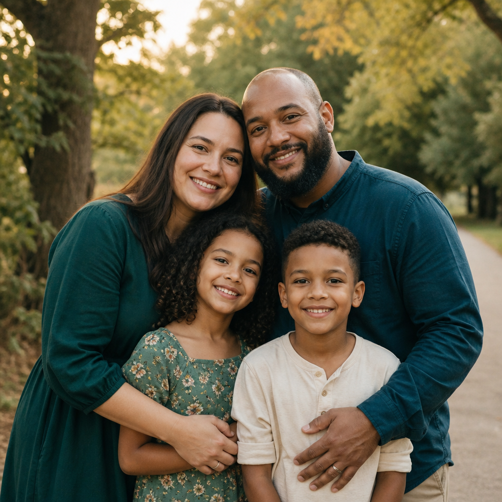 A family together outdoors in soft golden light