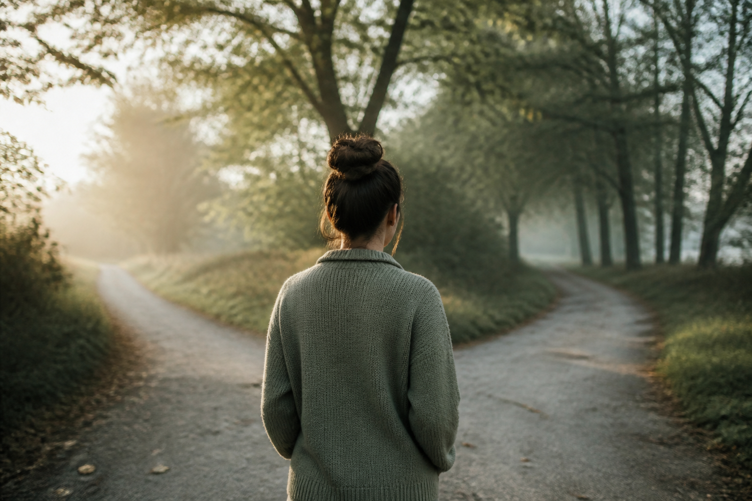 A quiet fork in a tree-lined path in soft morning light - space to choose for yourself