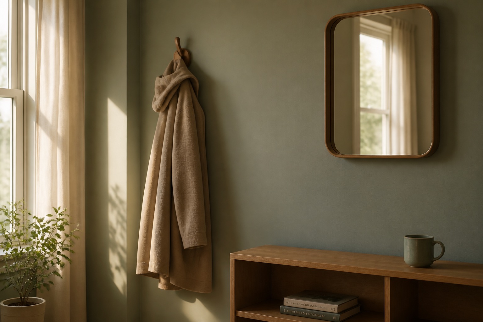 A coat on a hook and soft window light in a quiet room - space to figure out who you are now