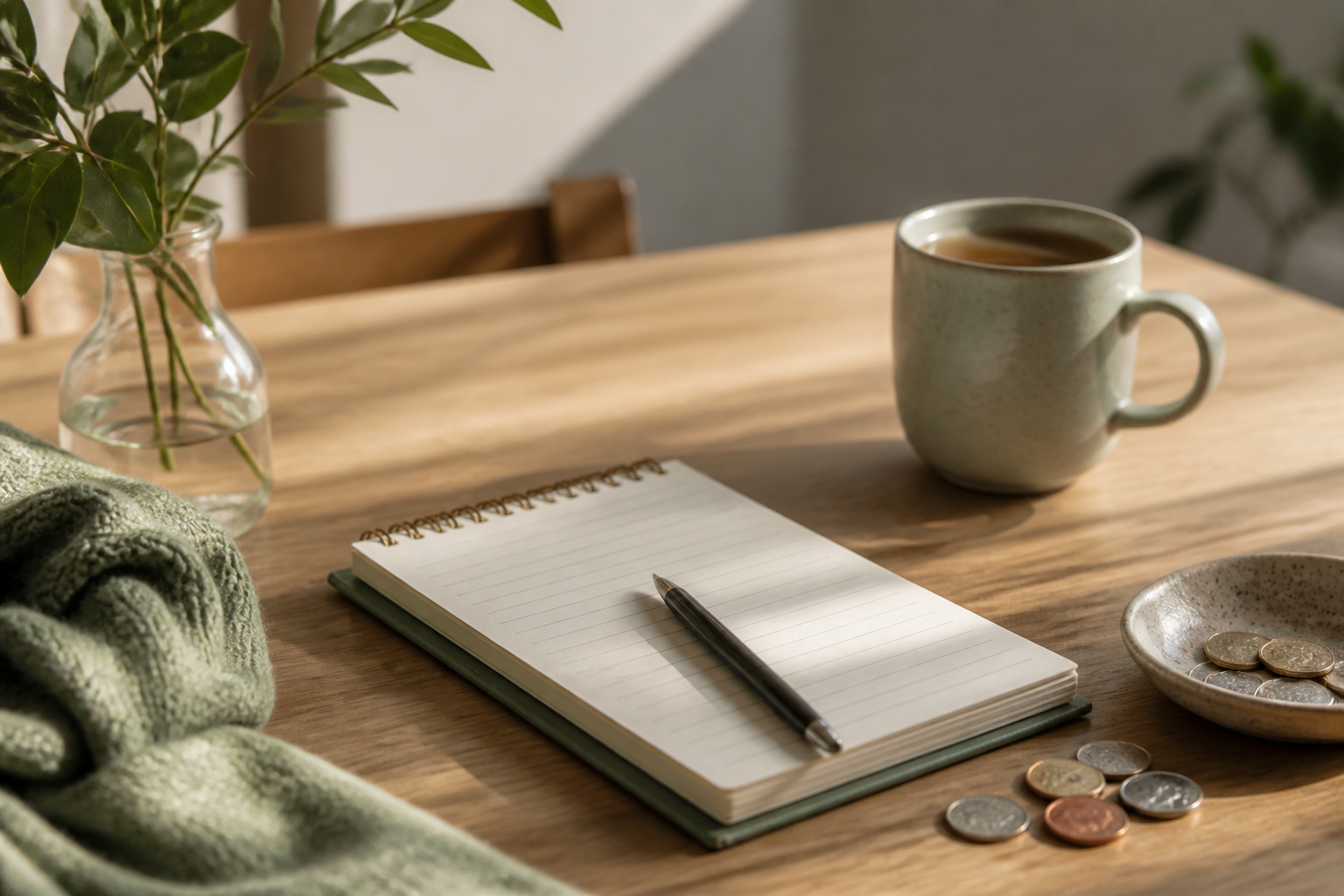 A notebook, a few coins, and a mug of tea on a wooden table - starting to track money simply