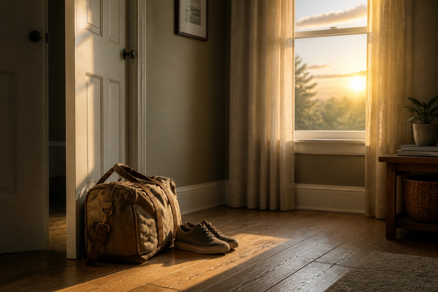 Early morning light through a window onto a packed bag by the door - the quiet start of the first day out