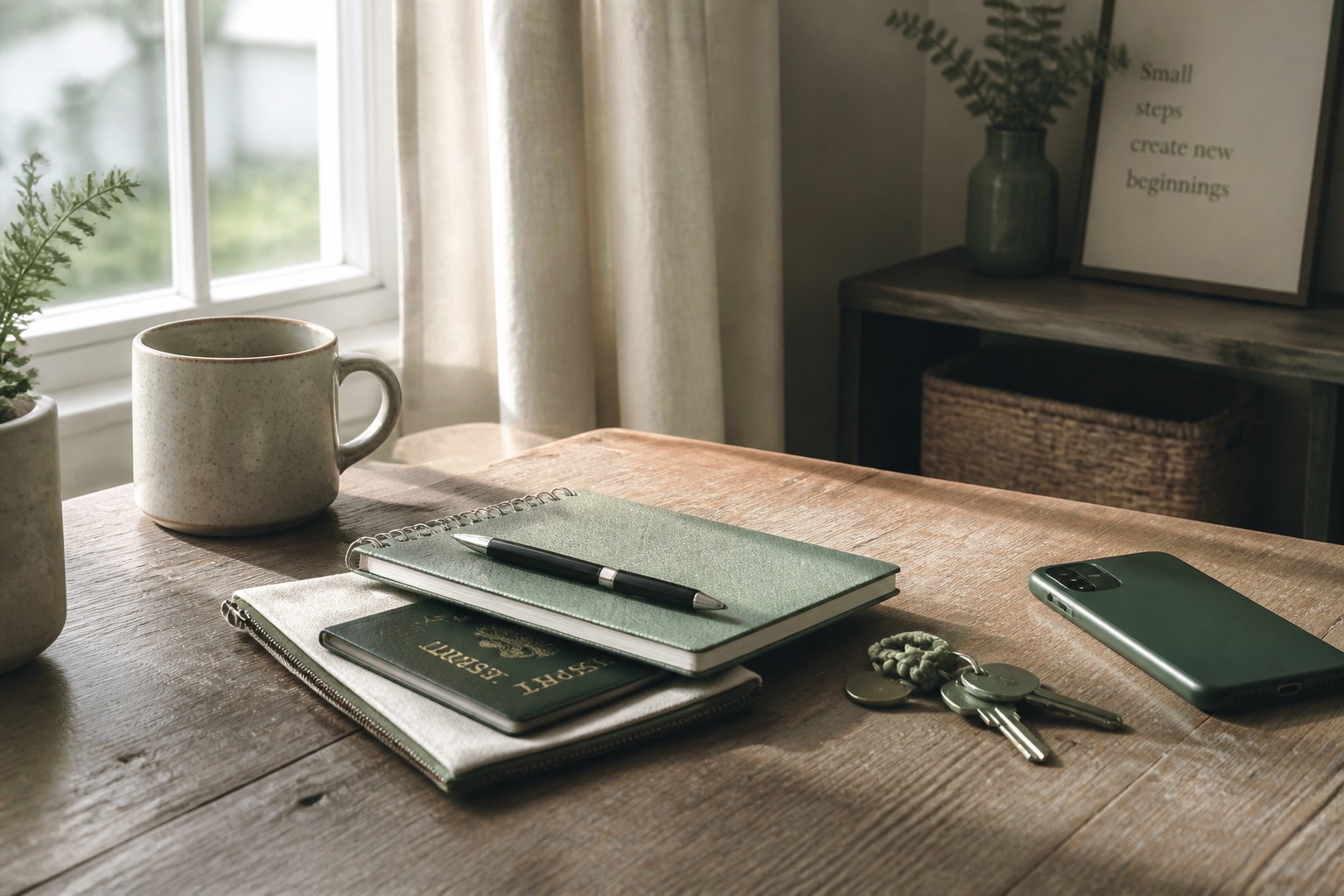 A passport, notebook, and keys on a table by a window - quietly gathering what you need before you go