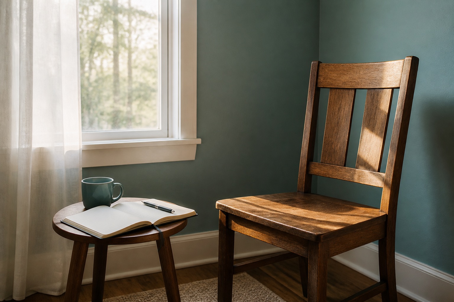 A chair by a window with an open notebook on a side table - quiet space for honest reflection