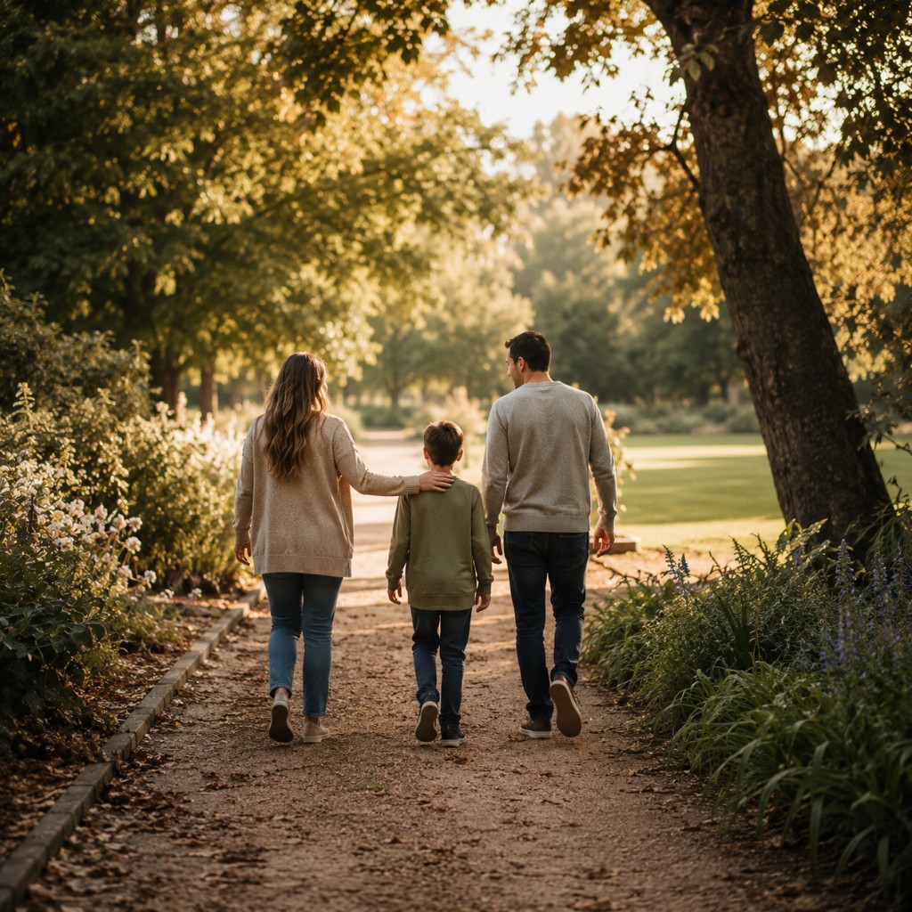 A family walking together along a sunlit tree-lined path