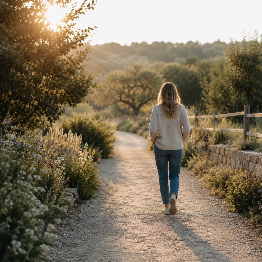 A woman walking away down a bright countryside path in golden light