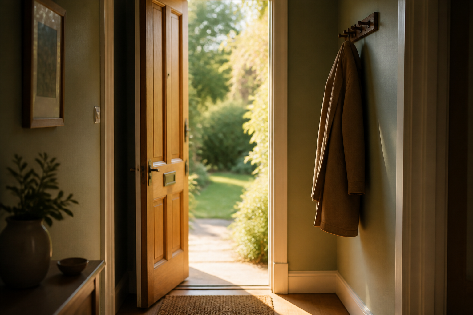 An open front door with soft morning light and a coat on the hook - a quiet threshold between leaving and beginning again
