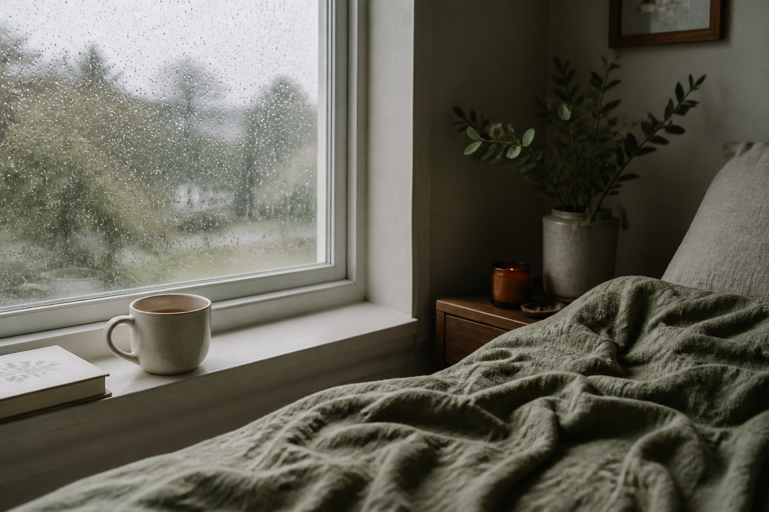 Rain on a window beside a mug of tea and sage bedding - a quiet moment for reflection and unlearning