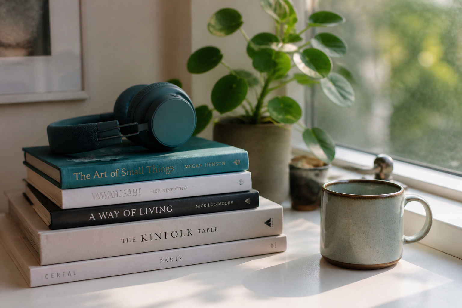 Books and headphones on a windowsill in warm morning light