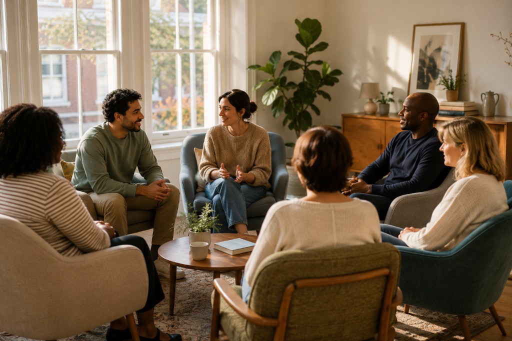 A small support group sitting together in a warm, welcoming room